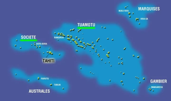 Map of French Polynesia — Society, Tuamotu, Marquesas, Austral and Gambier archipelagos