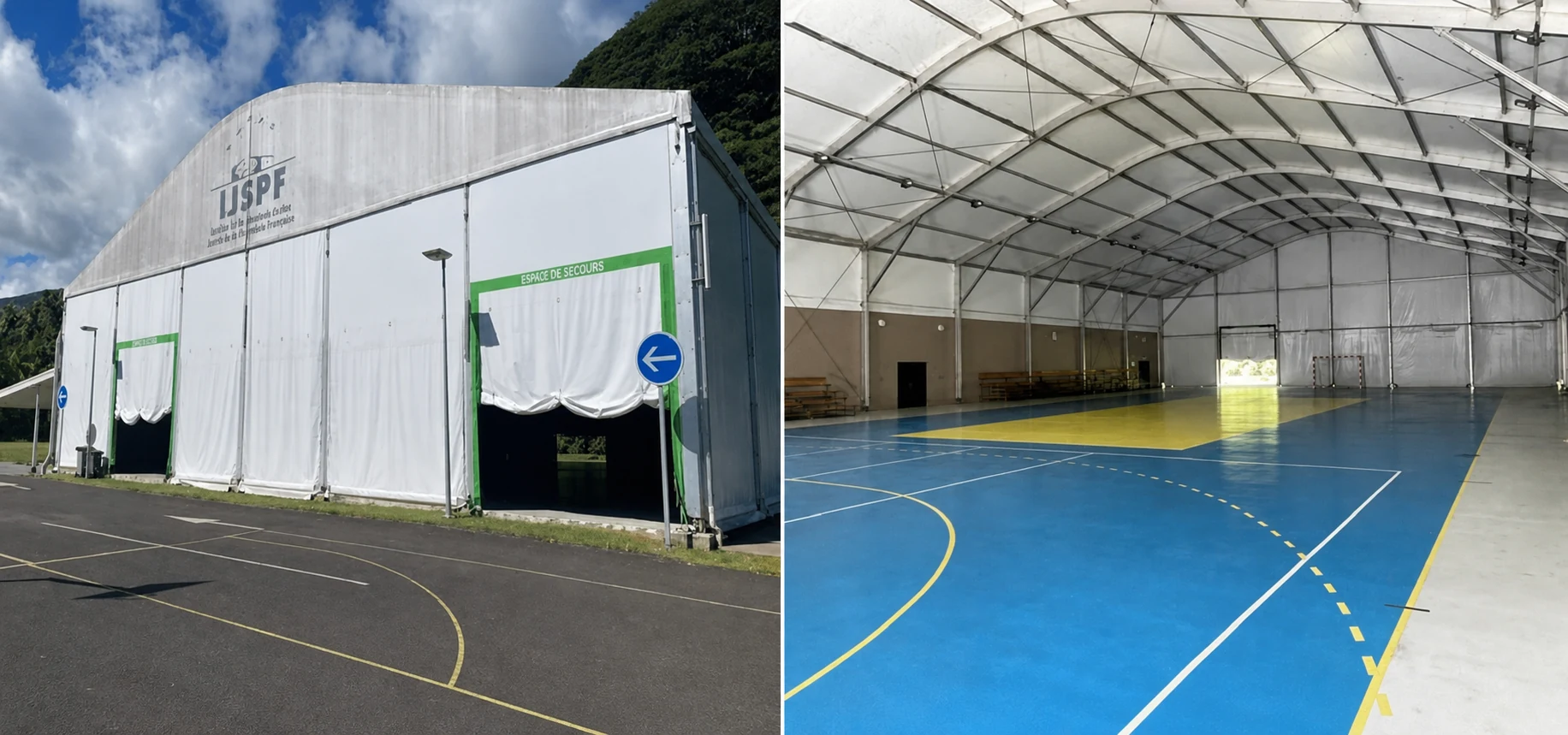 Exterior and interior views of the IJSPF covered sports court in Pueu
